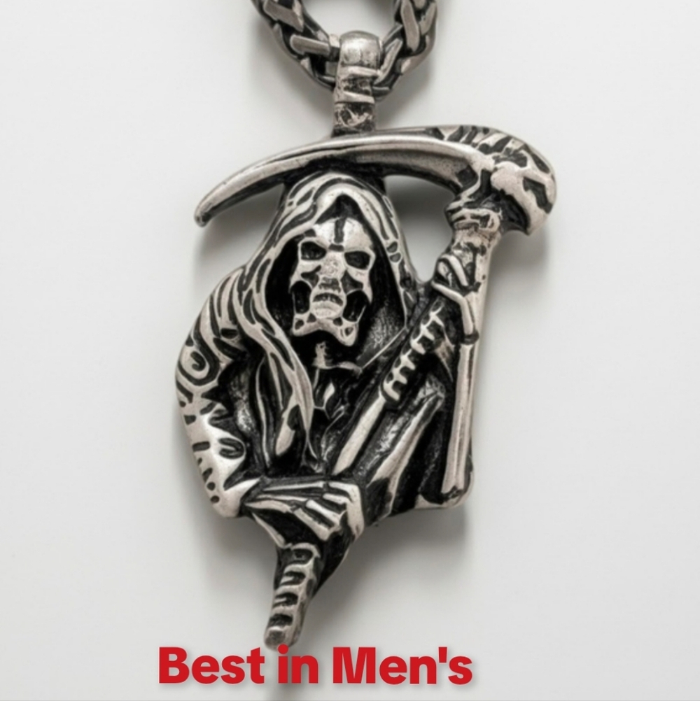 HP🔥Stainless Steel And Black Grim Reaper Pendant Necklace